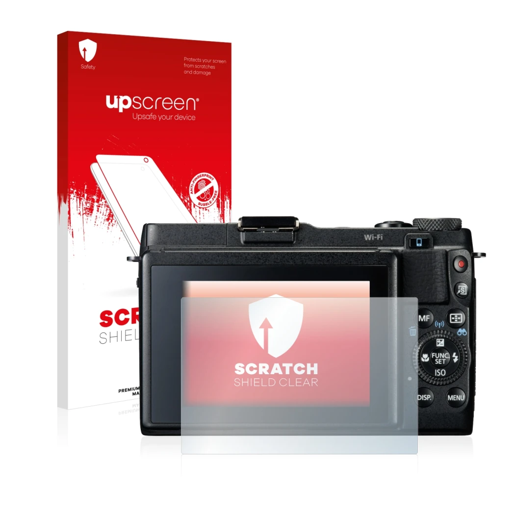 Parte frontal de un envase de producto con el logotipo de la marca upscreen. Al lado se muestra el dispositivo Canon PowerShot