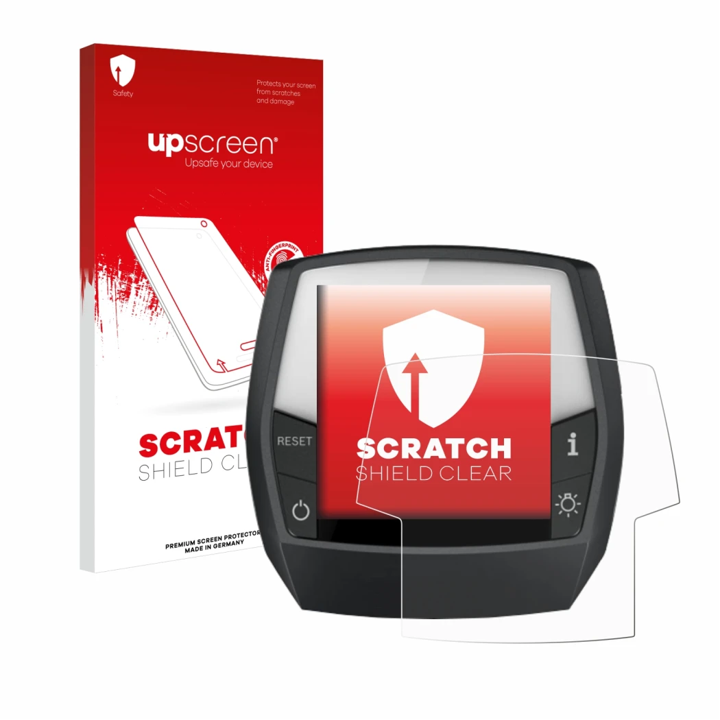 Parte frontal de un envase de producto con el logotipo de la marca upscreen. Al lado se muestra el dispositivo Bosch Intuvia A