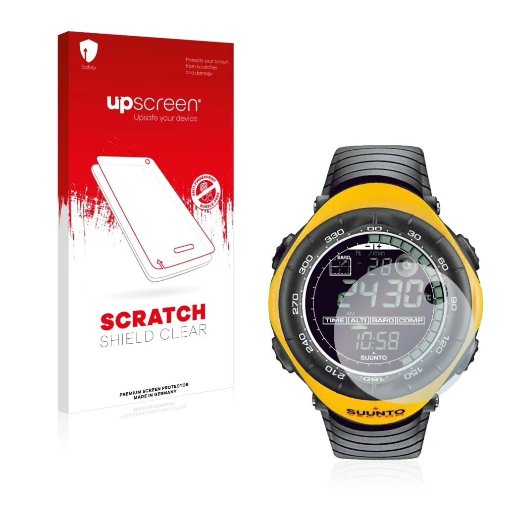 Parte frontal de un envase de producto con el logotipo de la marca upscreen. Al lado se muestra el dispositivo Suunto Vector Y