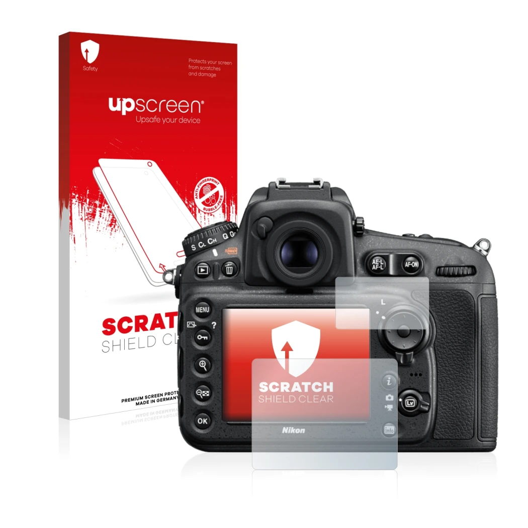 Parte frontal de un envase de producto con el logotipo de la marca upscreen. Al lado se muestra el dispositivo Nikon D810 con 