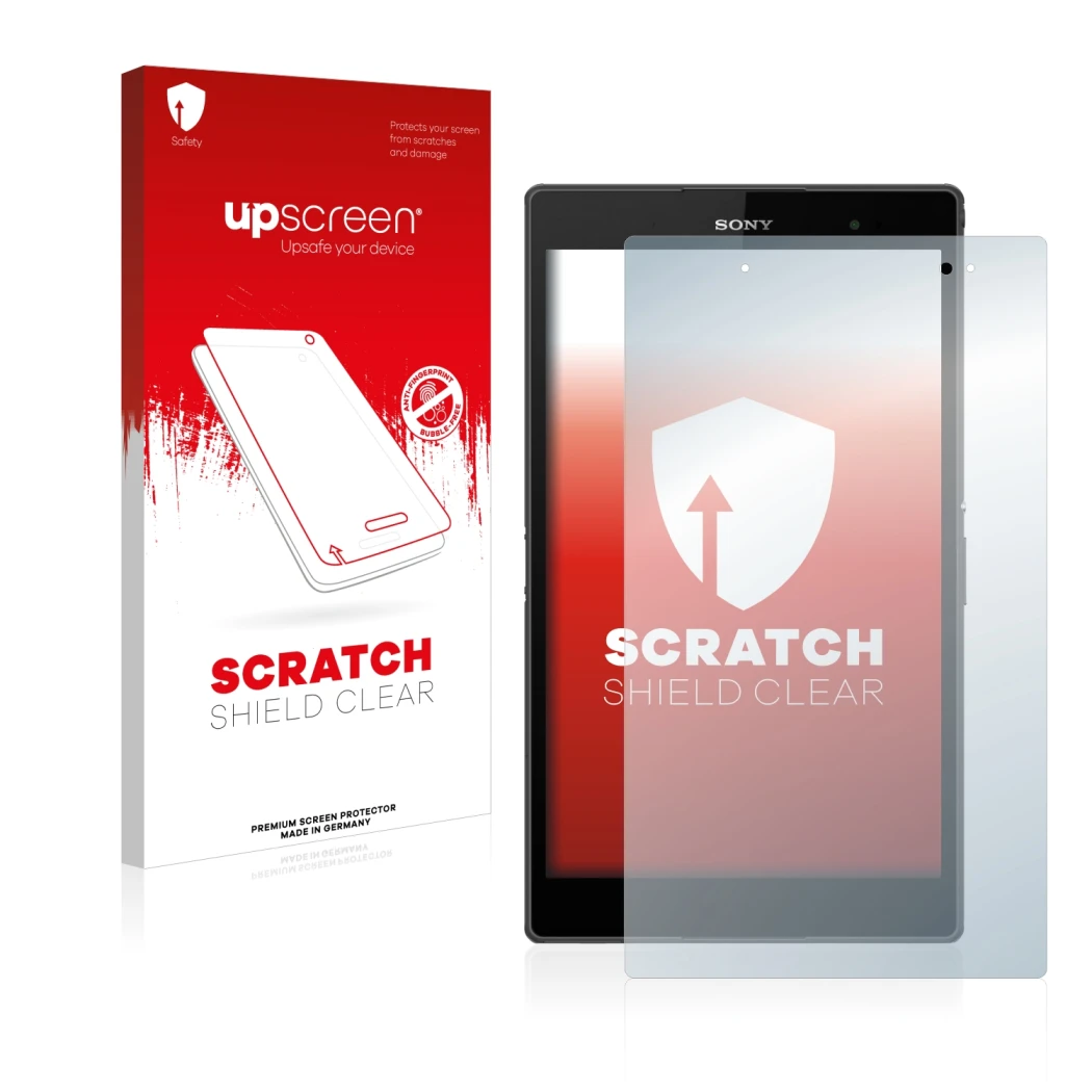 Parte frontal de un envase de producto con el logotipo de la marca upscreen. Al lado se muestra el dispositivo Sony Xperia Z3 
