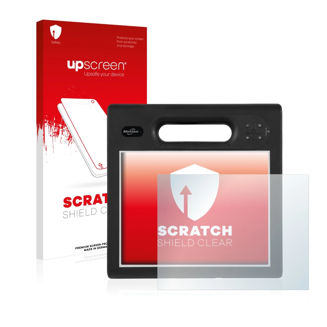 Parte frontal de un envase de producto con el logotipo de la marca upscreen. Al lado se muestra el dispositivo Motion Computin