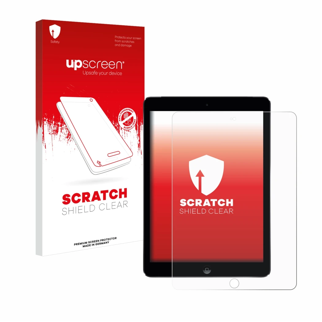 Parte frontal de un envase de producto con el logotipo de la marca upscreen. Al lado se muestra el dispositivo Apple iPad Air 