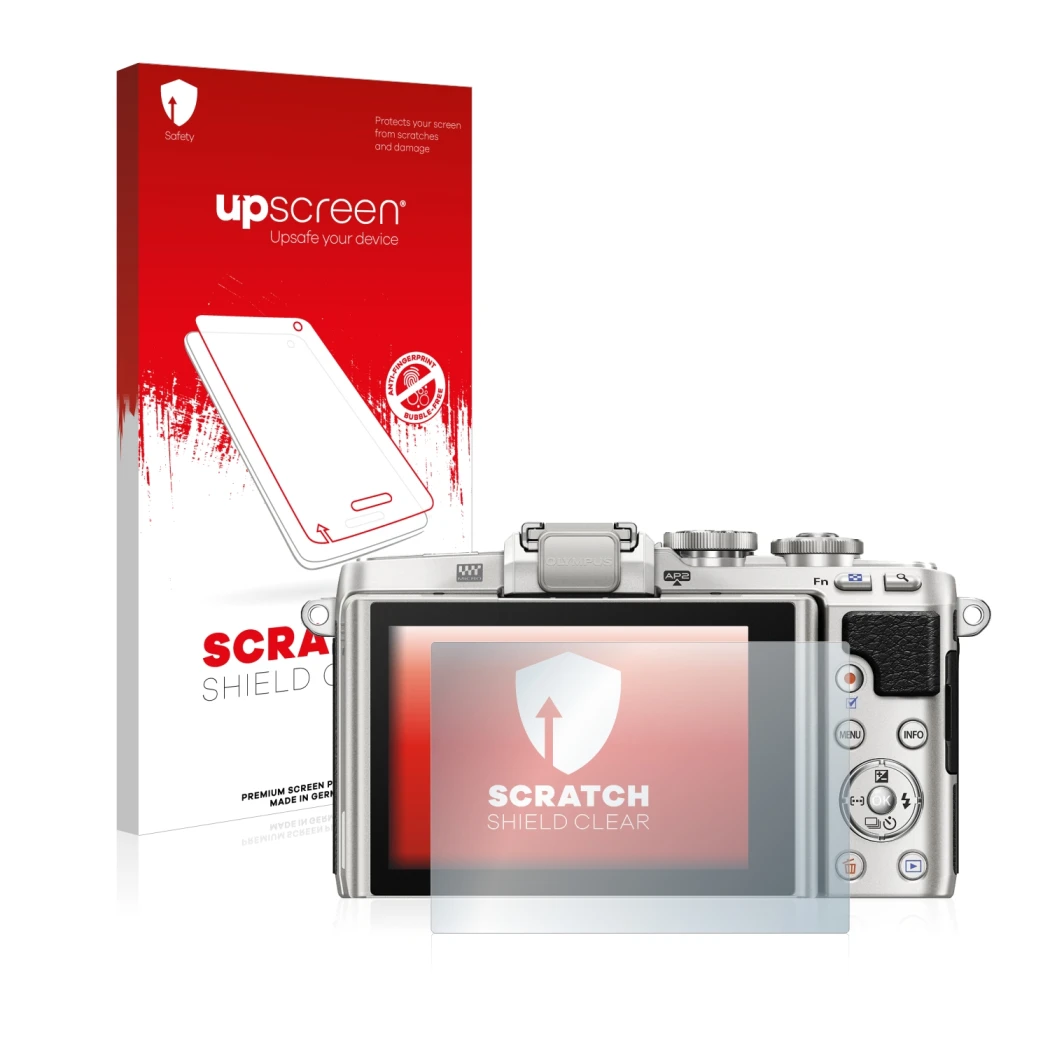 Parte frontal de un envase de producto con el logotipo de la marca upscreen. Al lado se muestra el dispositivo Olympus PEN E-P