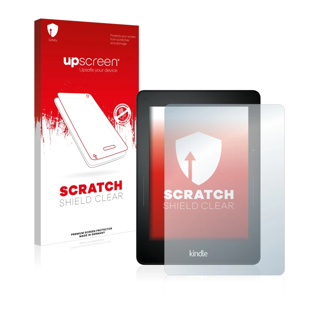 Parte frontal de un envase de producto con el logotipo de la marca upscreen. Al lado se muestra el dispositivo Amazon Kindle V