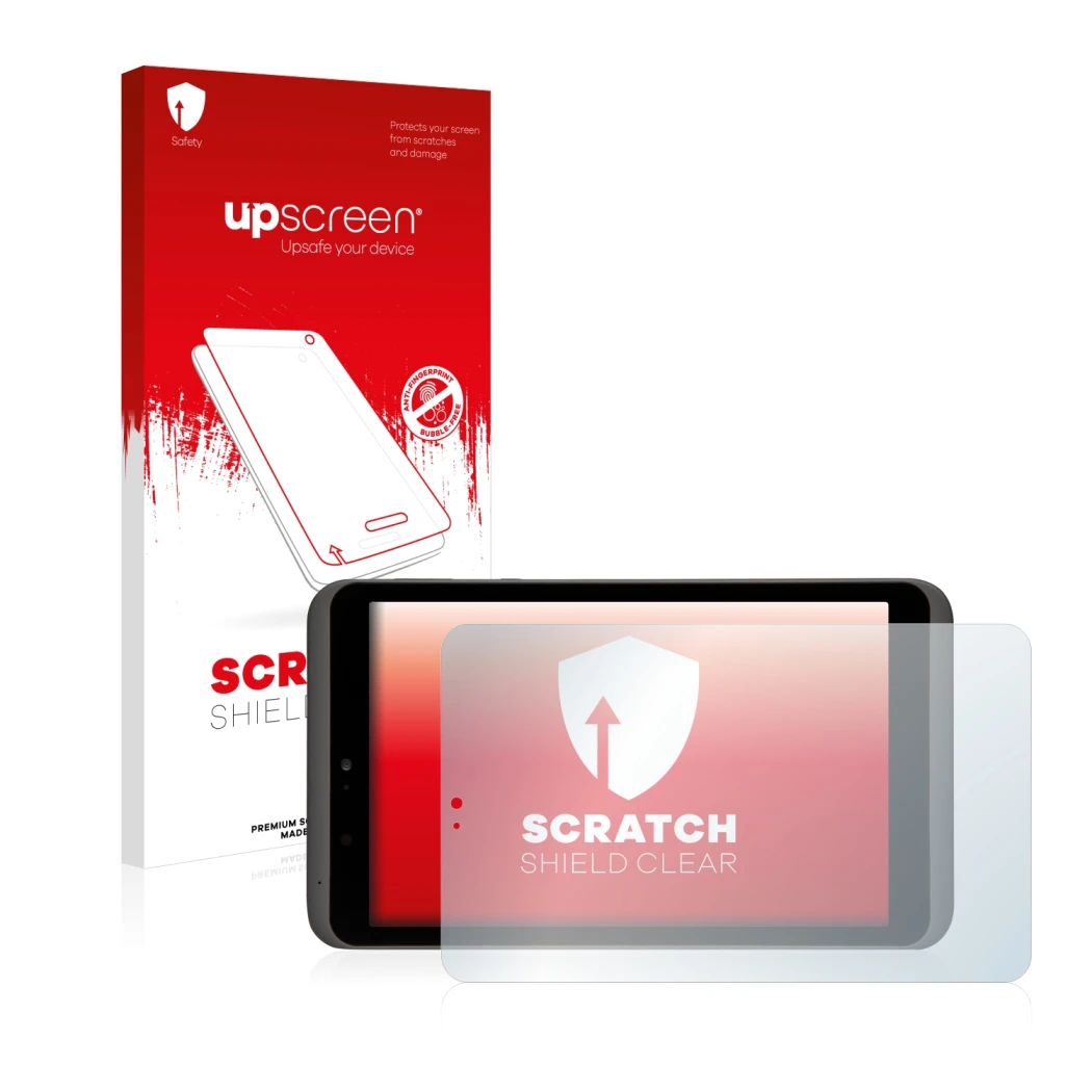 Parte frontal de un envase de producto con el logotipo de la marca upscreen. Al lado se muestra el dispositivo Tesco hudl2 con