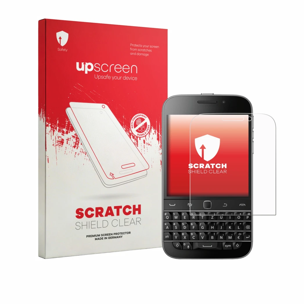 Parte frontal de un envase de producto con el logotipo de la marca upscreen. Al lado se muestra el dispositivo Blackberry Clas