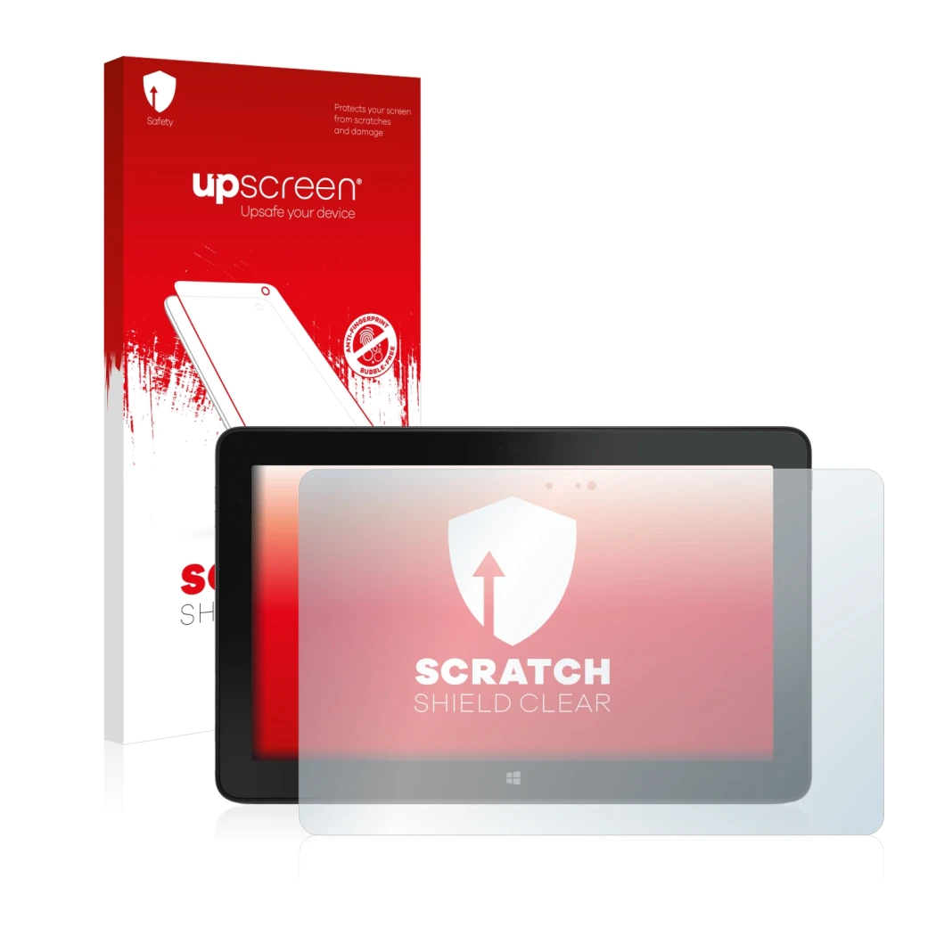 Parte frontal de un envase de producto con el logotipo de la marca upscreen. Al lado se muestra el dispositivo Dell Venue 11 P