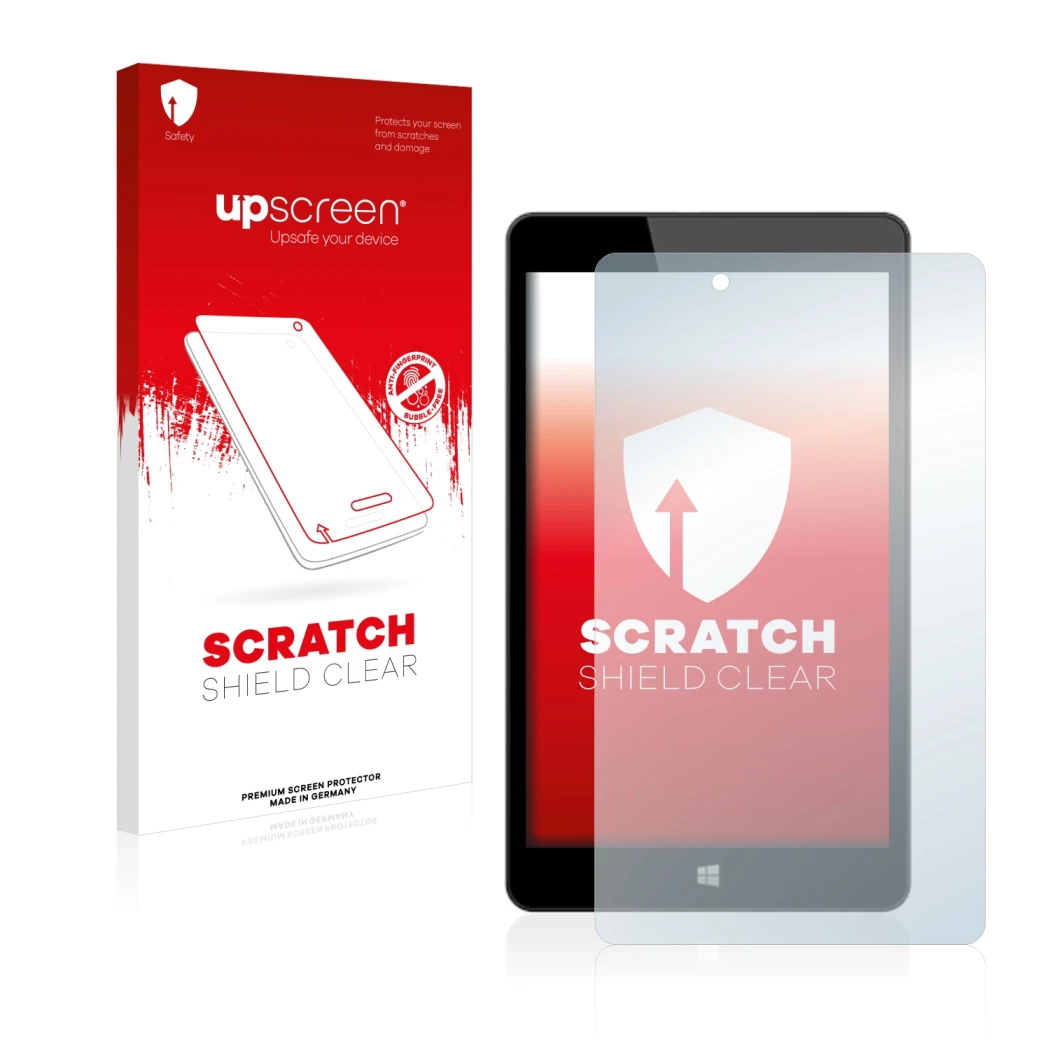 Parte frontal de un envase de producto con el logotipo de la marca upscreen. Al lado se muestra el dispositivo Linx 8 con su p