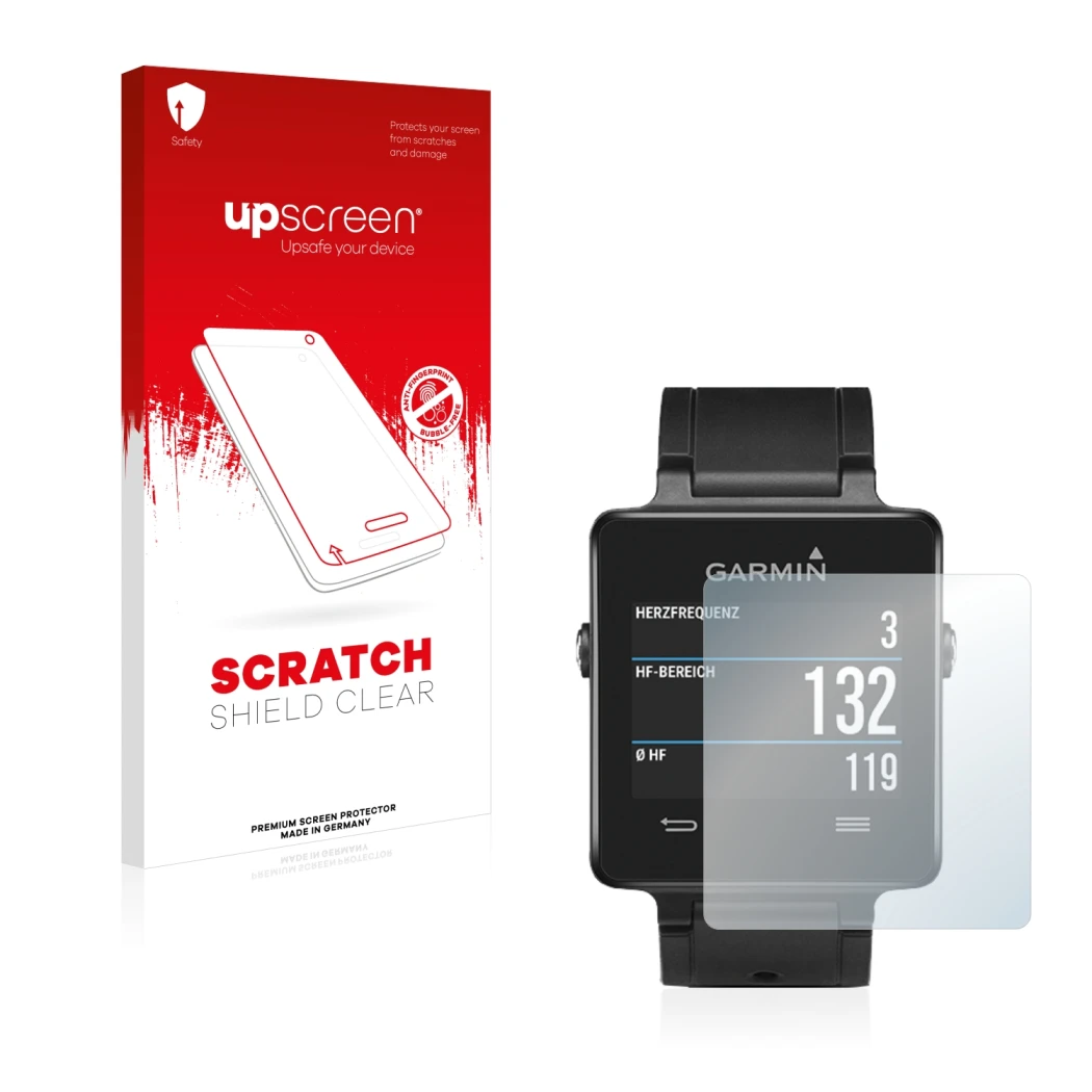 Parte frontal de un envase de producto con el logotipo de la marca upscreen. Al lado se muestra el dispositivo Garmin vivoacti