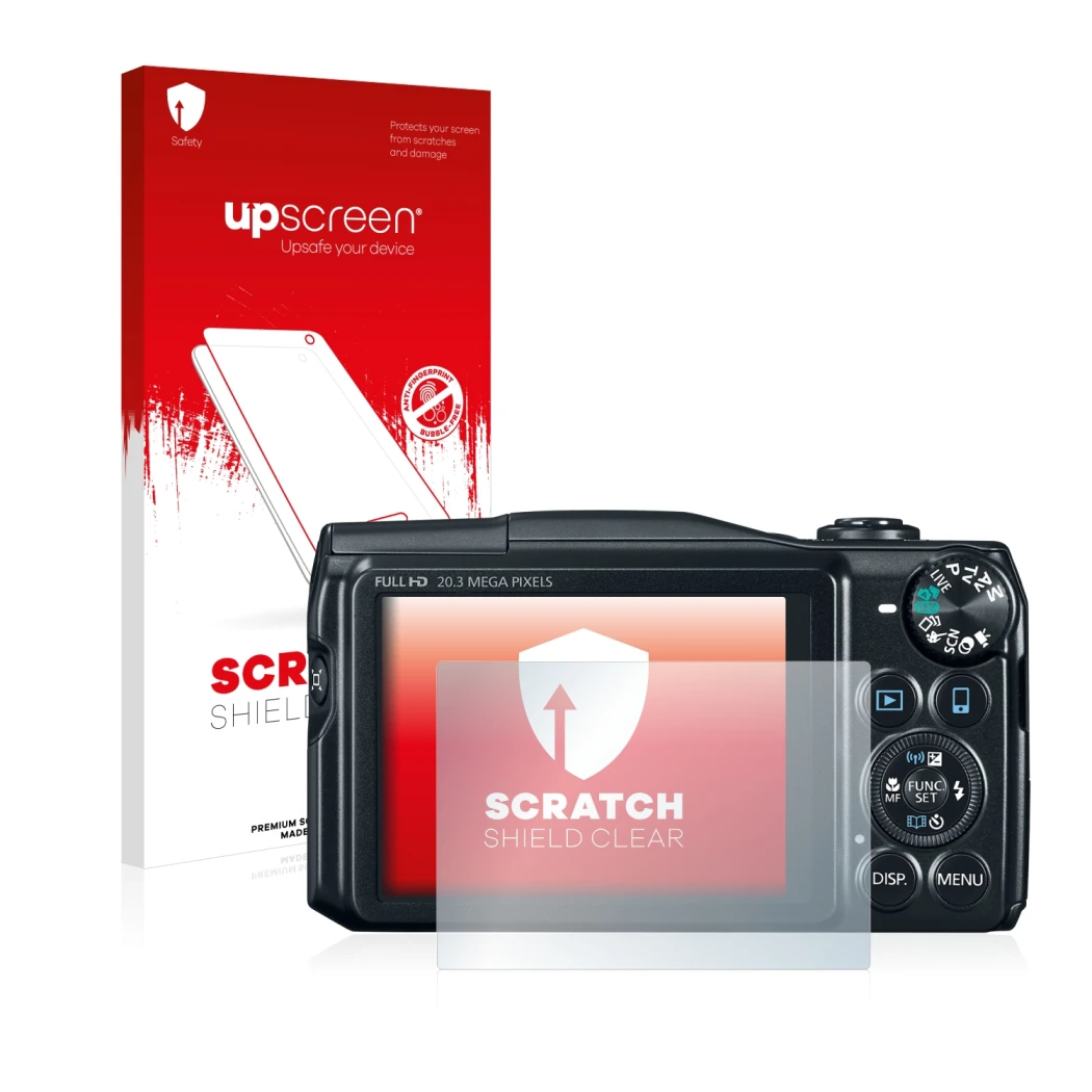 Parte frontal de un envase de producto con el logotipo de la marca upscreen. Al lado se muestra el dispositivo Canon PowerShot