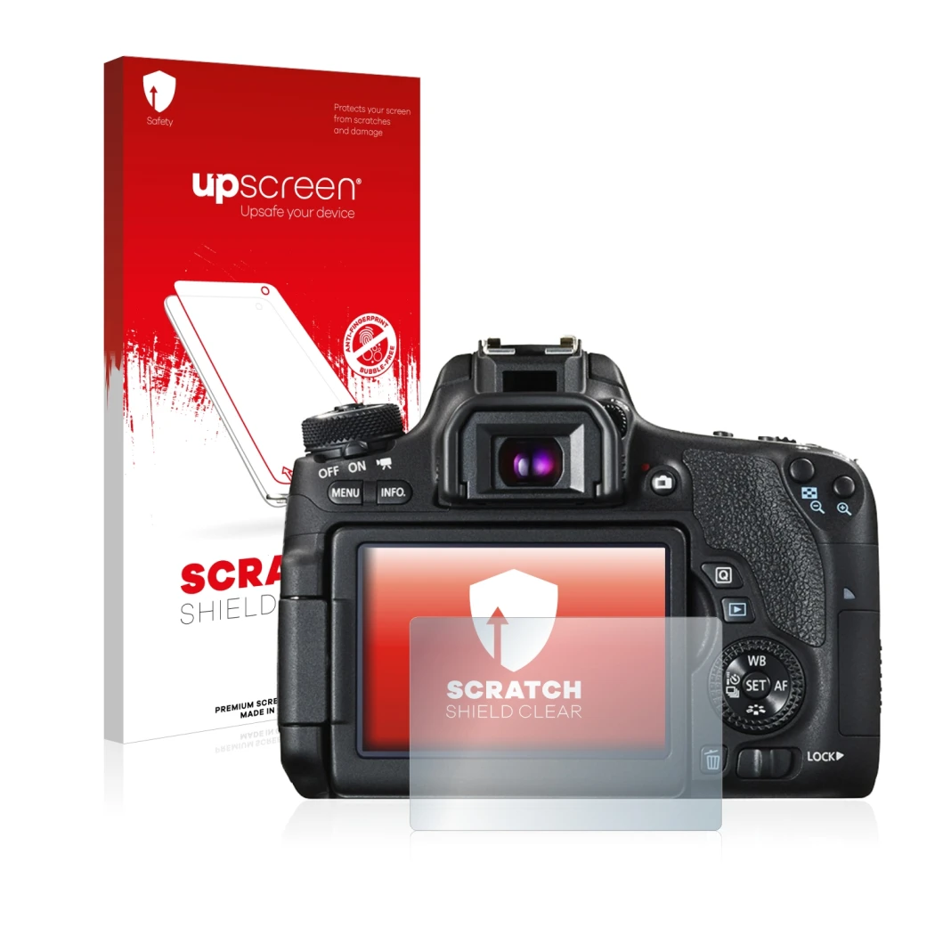 Parte frontal de un envase de producto con el logotipo de la marca upscreen. Al lado se muestra el dispositivo Canon EOS 760D
