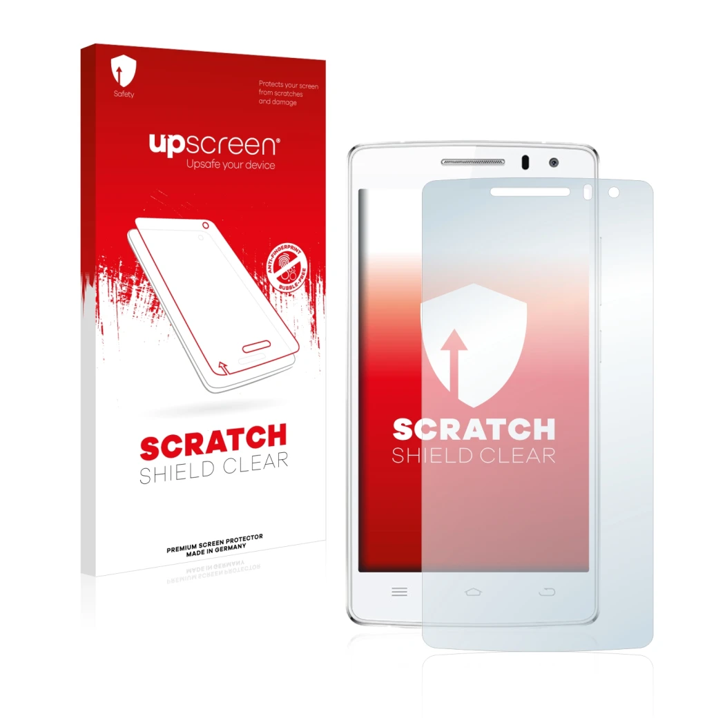 Parte frontal de un envase de producto con el logotipo de la marca upscreen. Al lado se muestra el dispositivo THL 2015 con su