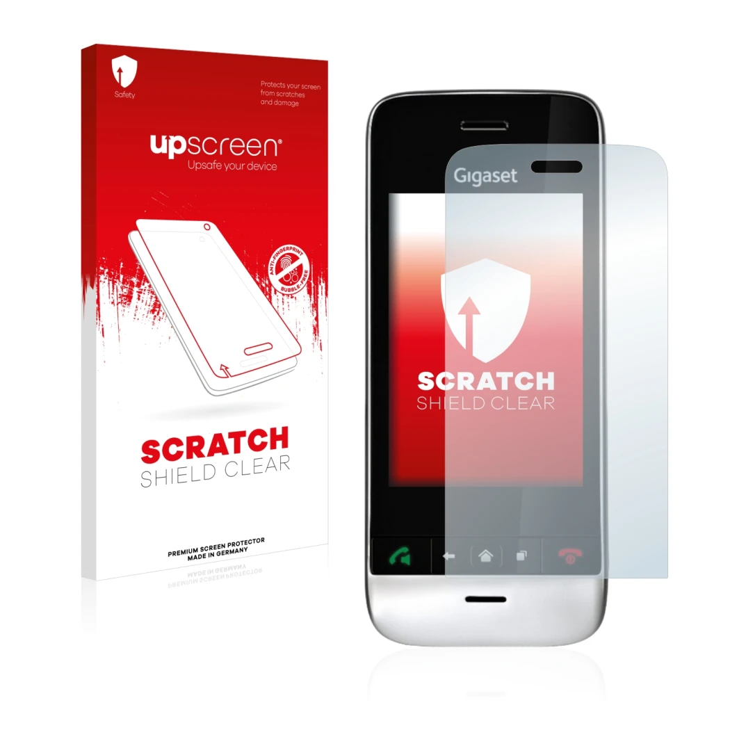 Parte frontal de un envase de producto con el logotipo de la marca upscreen. Al lado se muestra el dispositivo Gigaset SL910 (
