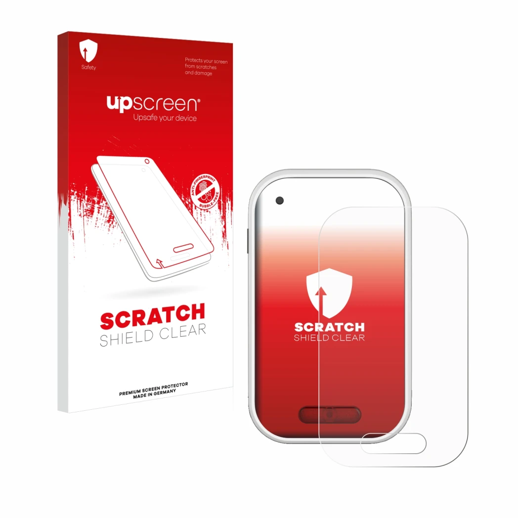 Parte frontal de un envase de producto con el logotipo de la marca upscreen. Al lado se muestra el dispositivo Polar V650 con