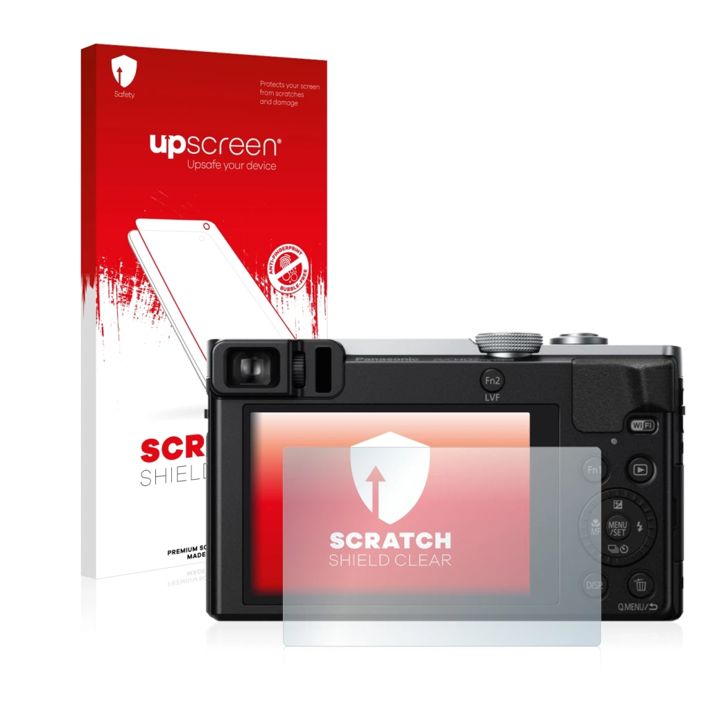 Parte frontal de un envase de producto con el logotipo de la marca upscreen. Al lado se muestra el dispositivo Panasonic Lumix