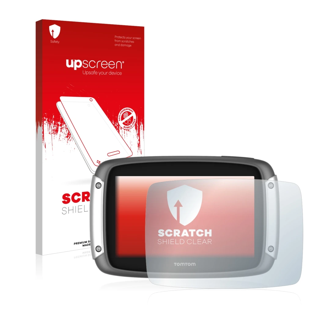 Parte frontal de un envase de producto con el logotipo de la marca upscreen. Al lado se muestra el dispositivo TomTom Rider 40