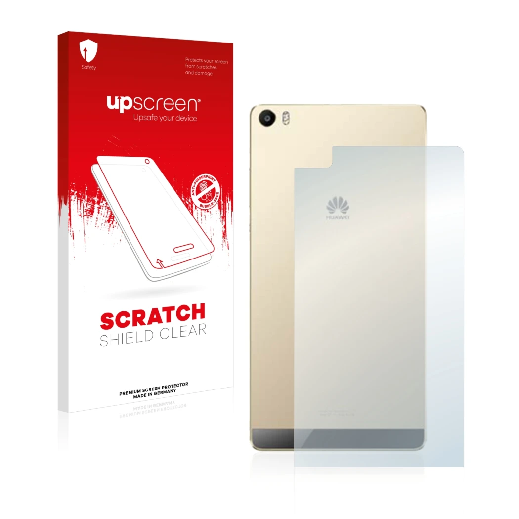 Parte frontal de un envase de producto con el logotipo de la marca upscreen. Al lado se muestra el dispositivo Huawei P8 Max (