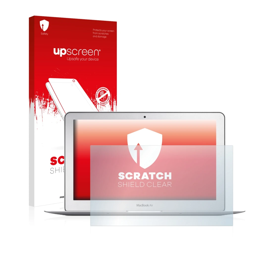 Parte frontal de un envase de producto con el logotipo de la marca upscreen. Al lado se muestra el dispositivo Apple MacBook A