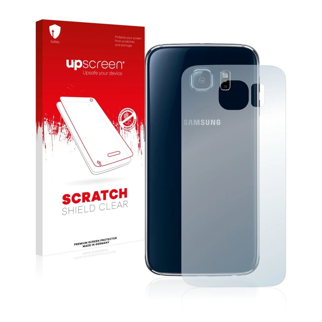 Parte frontal de un envase de producto con el logotipo de la marca upscreen. Al lado se muestra el dispositivo Samsung SM-G920