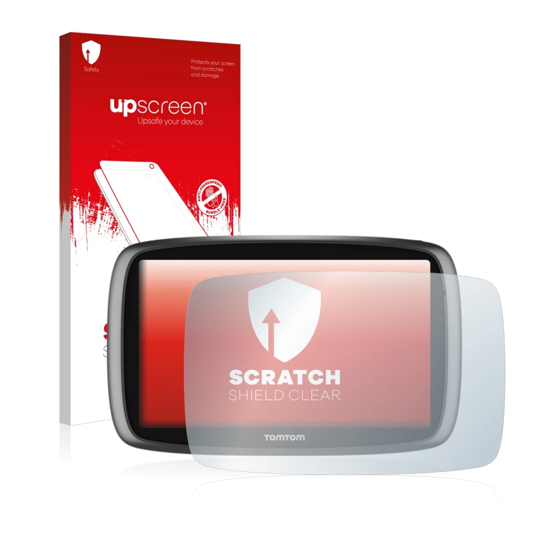 Parte frontal de un envase de producto con el logotipo de la marca upscreen. Al lado se muestra el dispositivo TomTom GO 6100