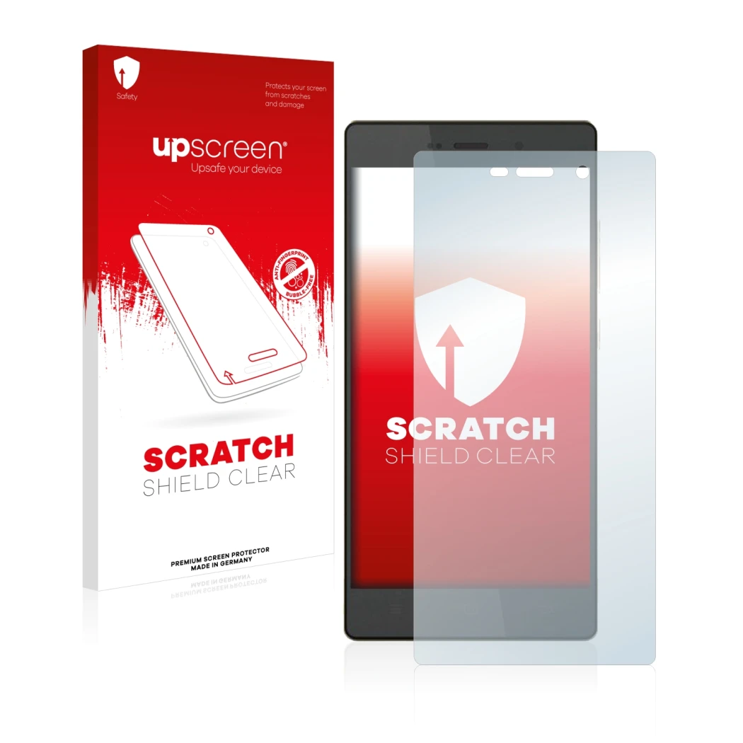 Parte frontal de un envase de producto con el logotipo de la marca upscreen. Al lado se muestra el dispositivo Hisense H910 co