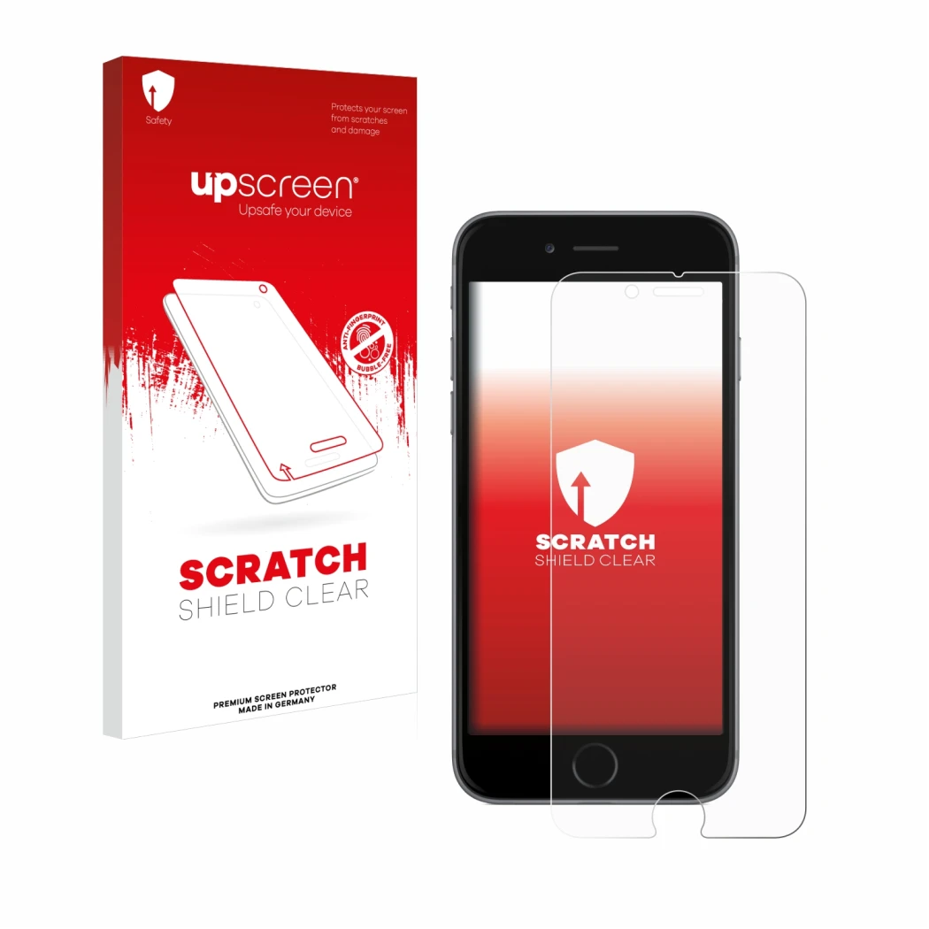 Parte frontal de un envase de producto con el logotipo de la marca upscreen. Al lado se muestra el dispositivo Apple iPhone 6S