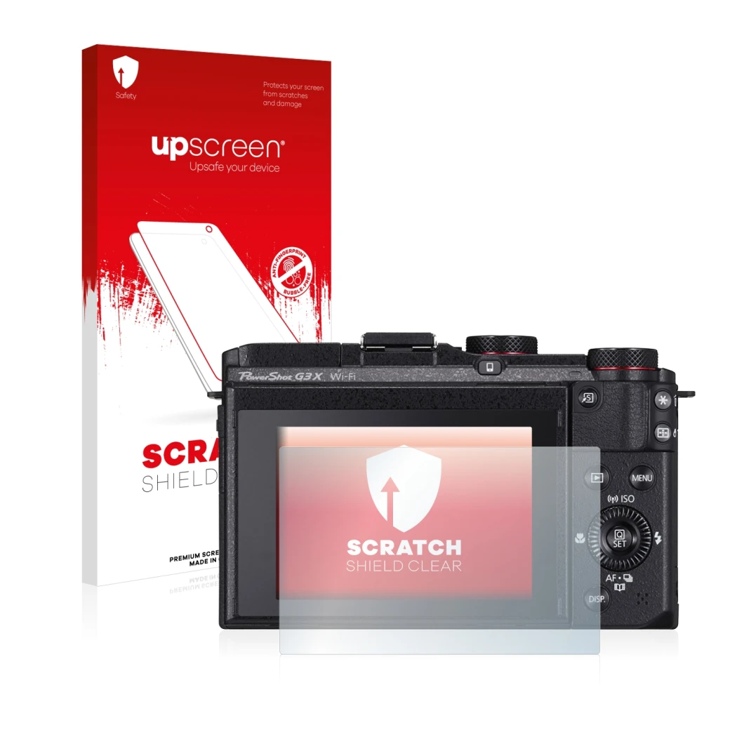 Parte frontal de un envase de producto con el logotipo de la marca upscreen. Al lado se muestra el dispositivo Canon PowerShot