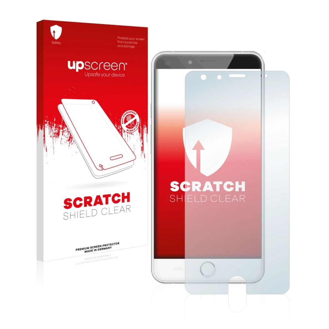 Parte frontal de un envase de producto con el logotipo de la marca upscreen. Al lado se muestra el dispositivo Ulefone Be Touc