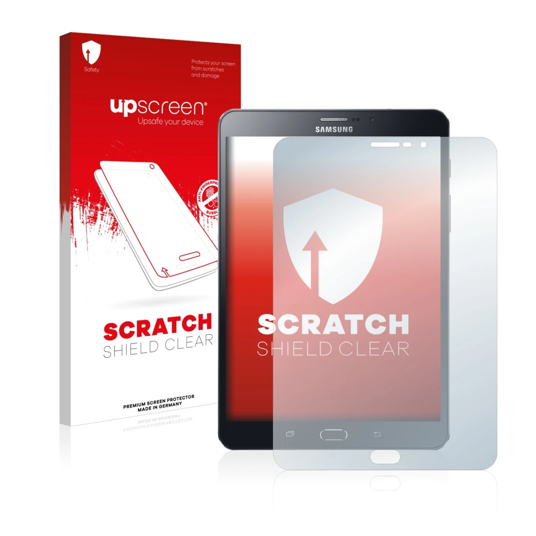 Parte frontal de un envase de producto con el logotipo de la marca upscreen. Al lado se muestra el dispositivo Samsung Galaxy