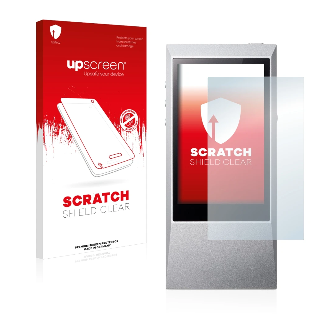 Parte frontal de un envase de producto con el logotipo de la marca upscreen. Al lado se muestra el dispositivo Astell&Kern AK