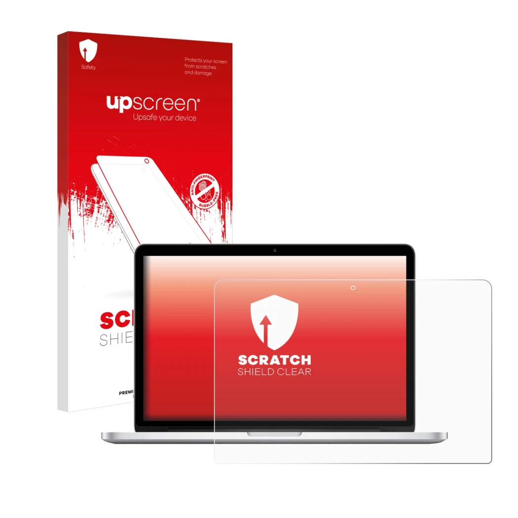 Parte frontal de un envase de producto con el logotipo de la marca upscreen. Al lado se muestra el dispositivo Apple MacBook R