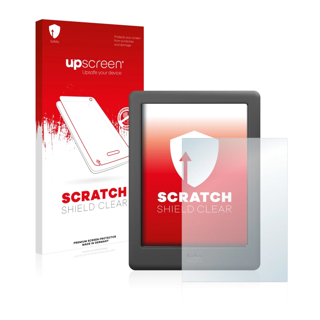 Parte frontal de un envase de producto con el logotipo de la marca upscreen. Al lado se muestra el dispositivo Kobo Glo HD con