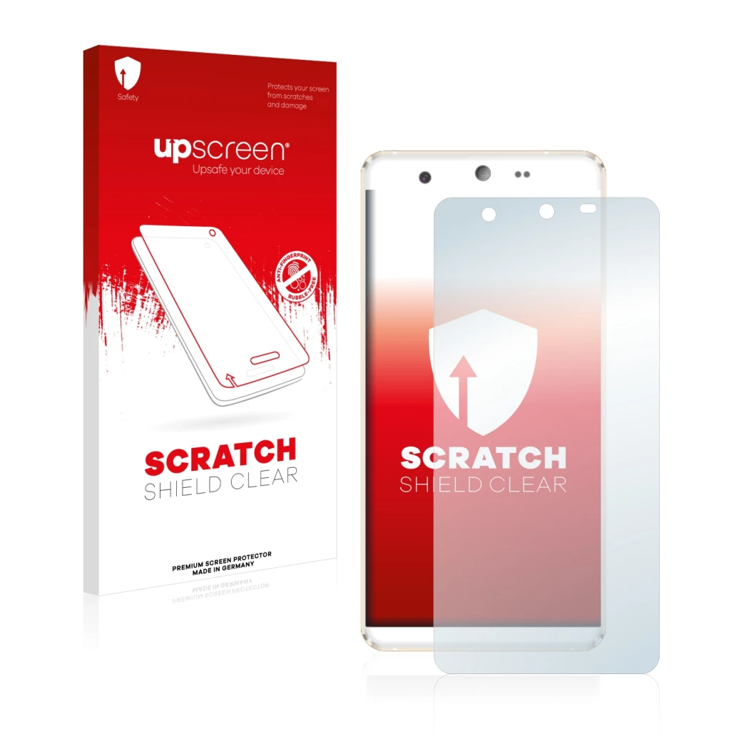 Parte frontal de un envase de producto con el logotipo de la marca upscreen. Al lado se muestra el dispositivo Kingzone N5 con