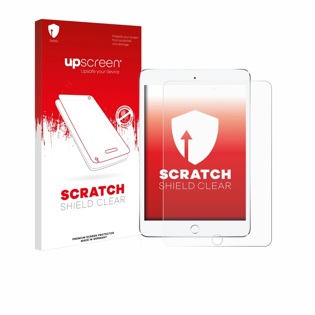 Parte frontal de un envase de producto con el logotipo de la marca upscreen. Al lado se muestra el dispositivo Apple iPad Mini