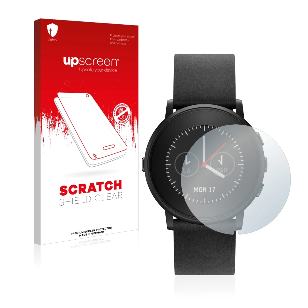 Parte frontal de un envase de producto con el logotipo de la marca upscreen. Al lado se muestra el dispositivo Pebble Time Rou