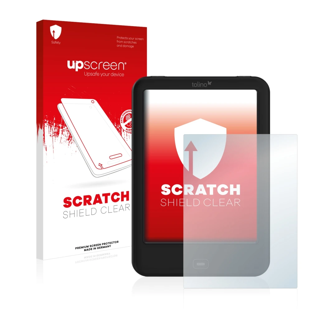 Parte frontal de un envase de producto con el logotipo de la marca upscreen. Al lado se muestra el dispositivo Tolino Shine 2