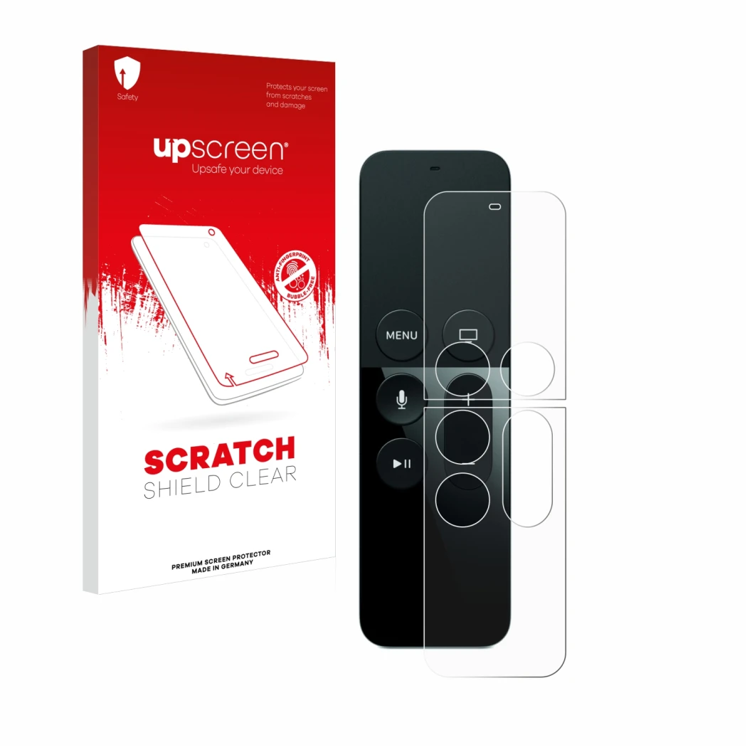 Parte frontal de un envase de producto con el logotipo de la marca upscreen. Al lado se muestra el dispositivo Apple Remote Co