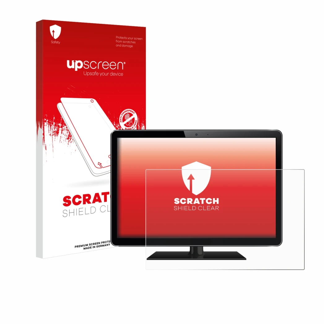 Parte frontal de un envase de producto con el logotipo de la marca upscreen. Al lado se muestra el dispositivo con su protecto