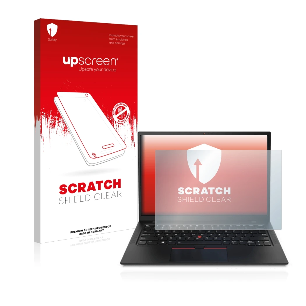 Parte frontal de un envase de producto con el logotipo de la marca upscreen. Al lado se muestra el dispositivo Lenovo ThinkPad