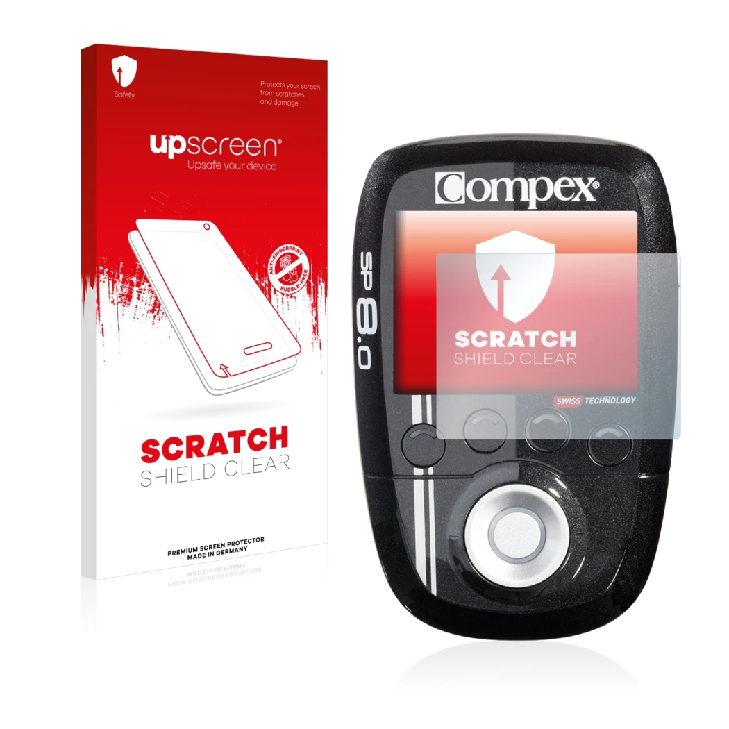 Parte frontal de un envase de producto con el logotipo de la marca upscreen. Al lado se muestra el dispositivo Compex SP 8.0 c