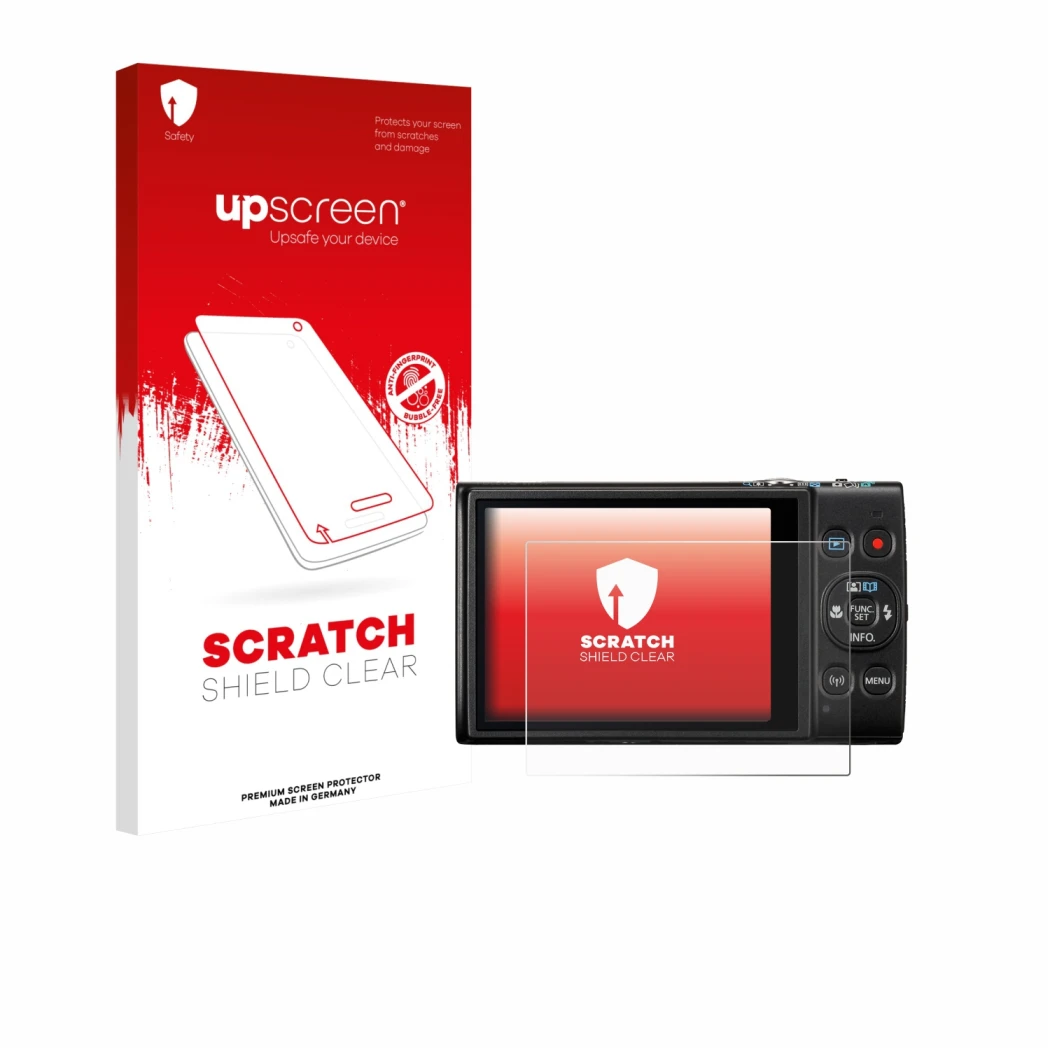 Parte frontal de un envase de producto con el logotipo de la marca upscreen. Al lado se muestra el dispositivo Canon Digital I