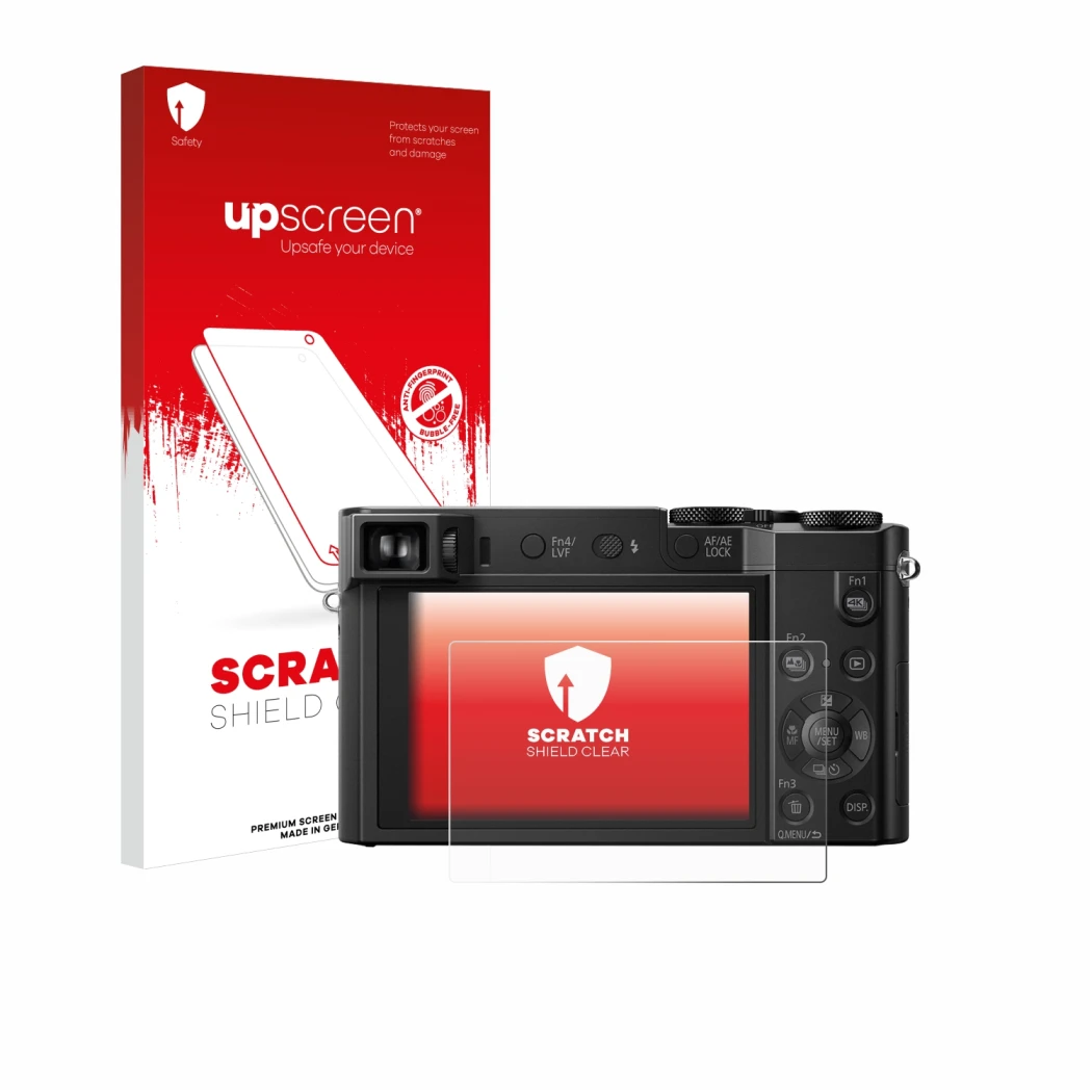 Parte frontal de un envase de producto con el logotipo de la marca upscreen. Al lado se muestra el dispositivo Panasonic Lumix