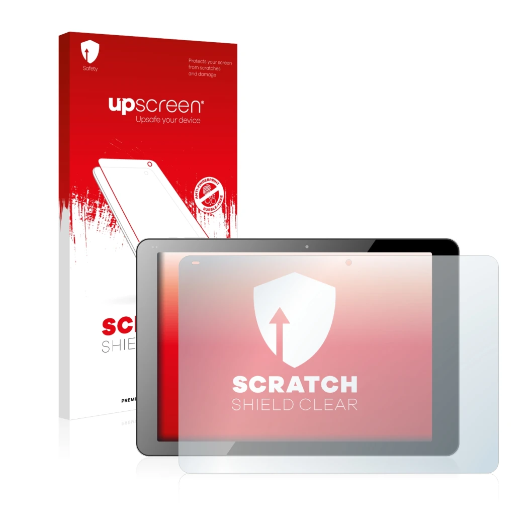 Parte frontal de un envase de producto con el logotipo de la marca upscreen. Al lado se muestra el dispositivo Chuwi Hi12 con
