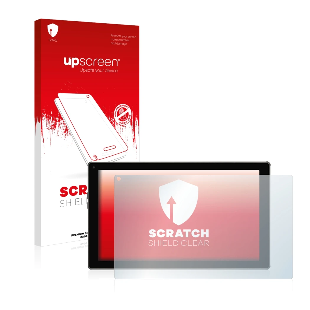 Parte frontal de un envase de producto con el logotipo de la marca upscreen. Al lado se muestra el dispositivo Blaupunkt Endea