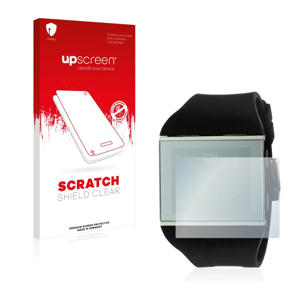 Parte frontal de un envase de producto con el logotipo de la marca upscreen. Al lado se muestra el dispositivo The One Slim Sq