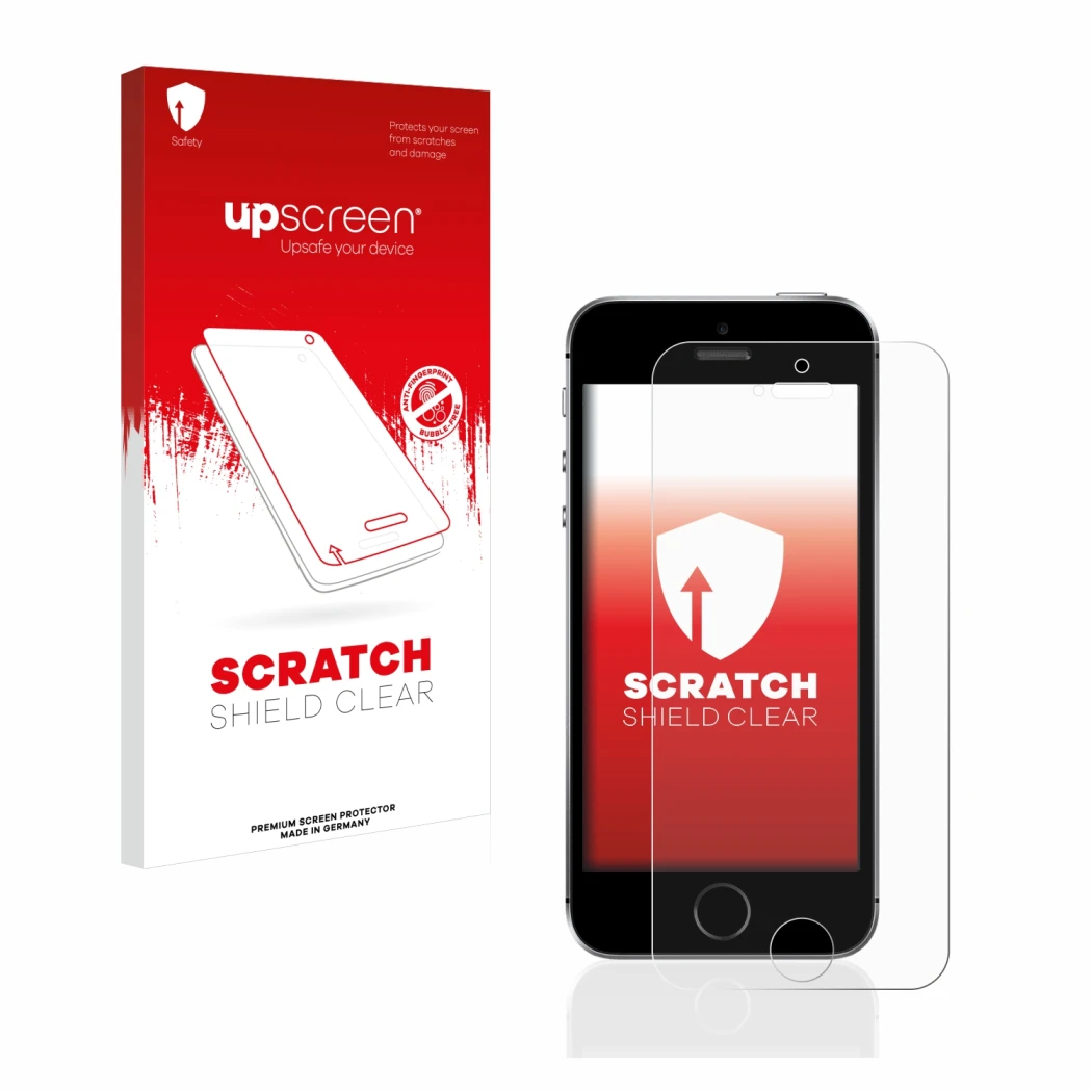 Parte frontal de un envase de producto con el logotipo de la marca upscreen. Al lado se muestra el dispositivo Apple iPhone SE