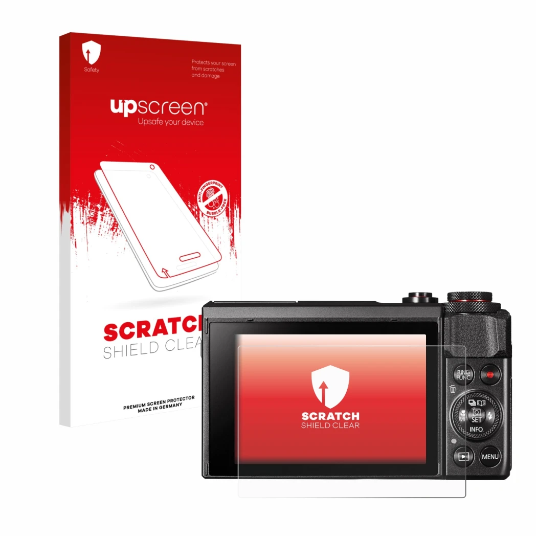 Parte frontal de un envase de producto con el logotipo de la marca upscreen. Al lado se muestra el dispositivo Canon PowerShot