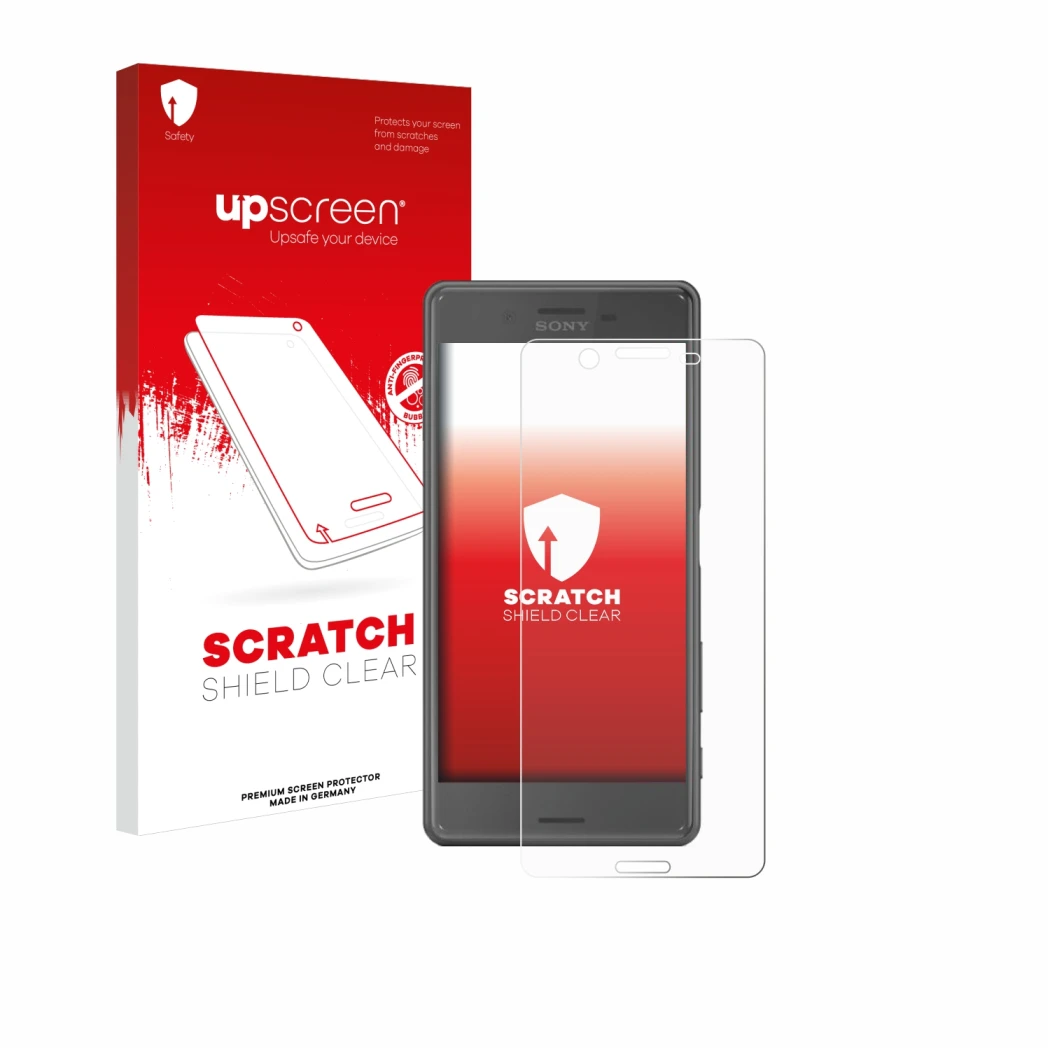 Parte frontal de un envase de producto con el logotipo de la marca upscreen. Al lado se muestra el dispositivo Sony Xperia X P