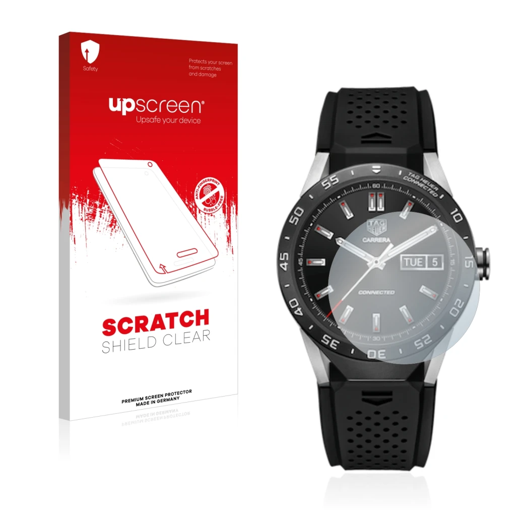 Parte frontal de un envase de producto con el logotipo de la marca upscreen. Al lado se muestra el dispositivo TAG Heuer Conne